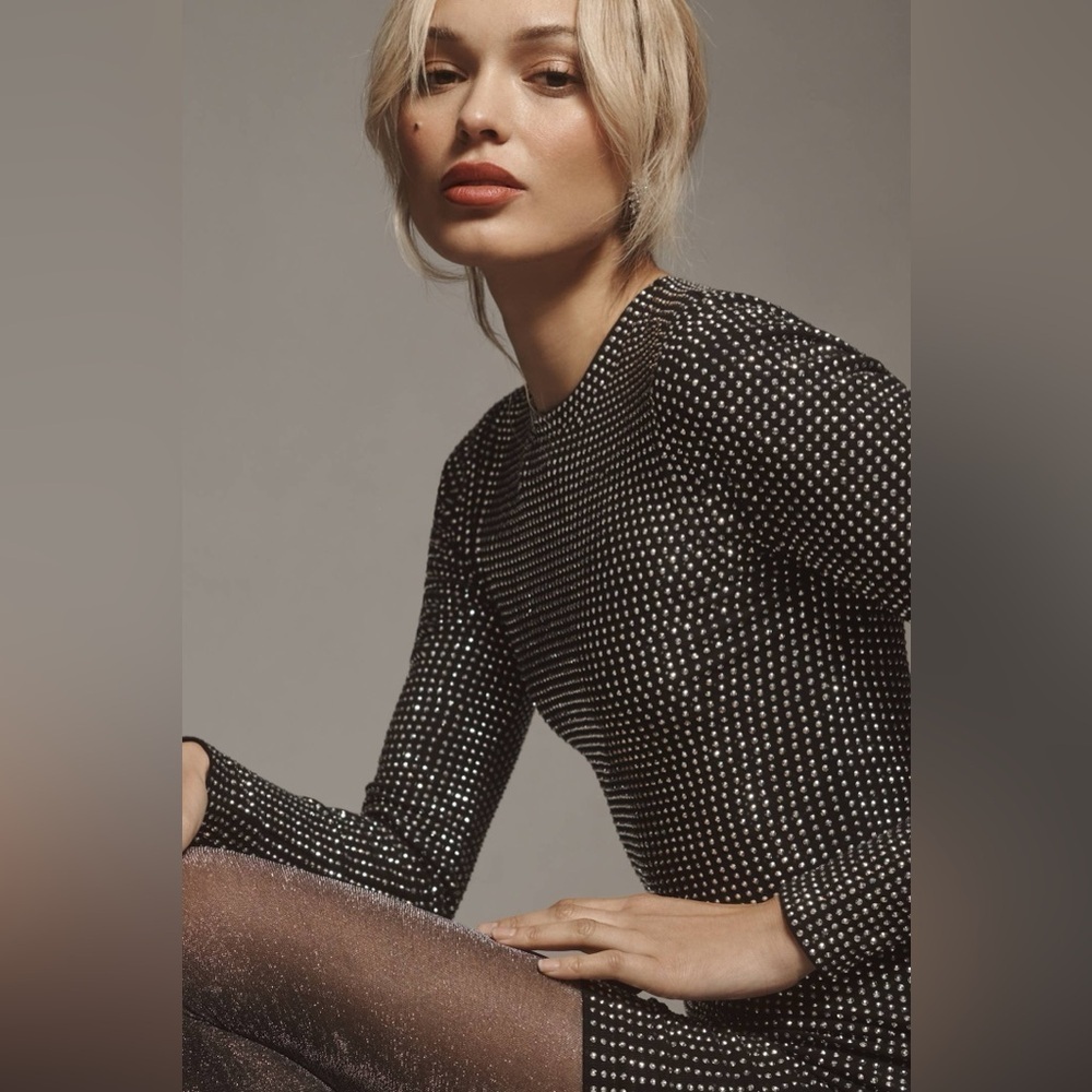 Good American Long-Sleeve Crew-Neck Crystal Mini Dress Size Medium NWT sold out - Picture 3 of 14